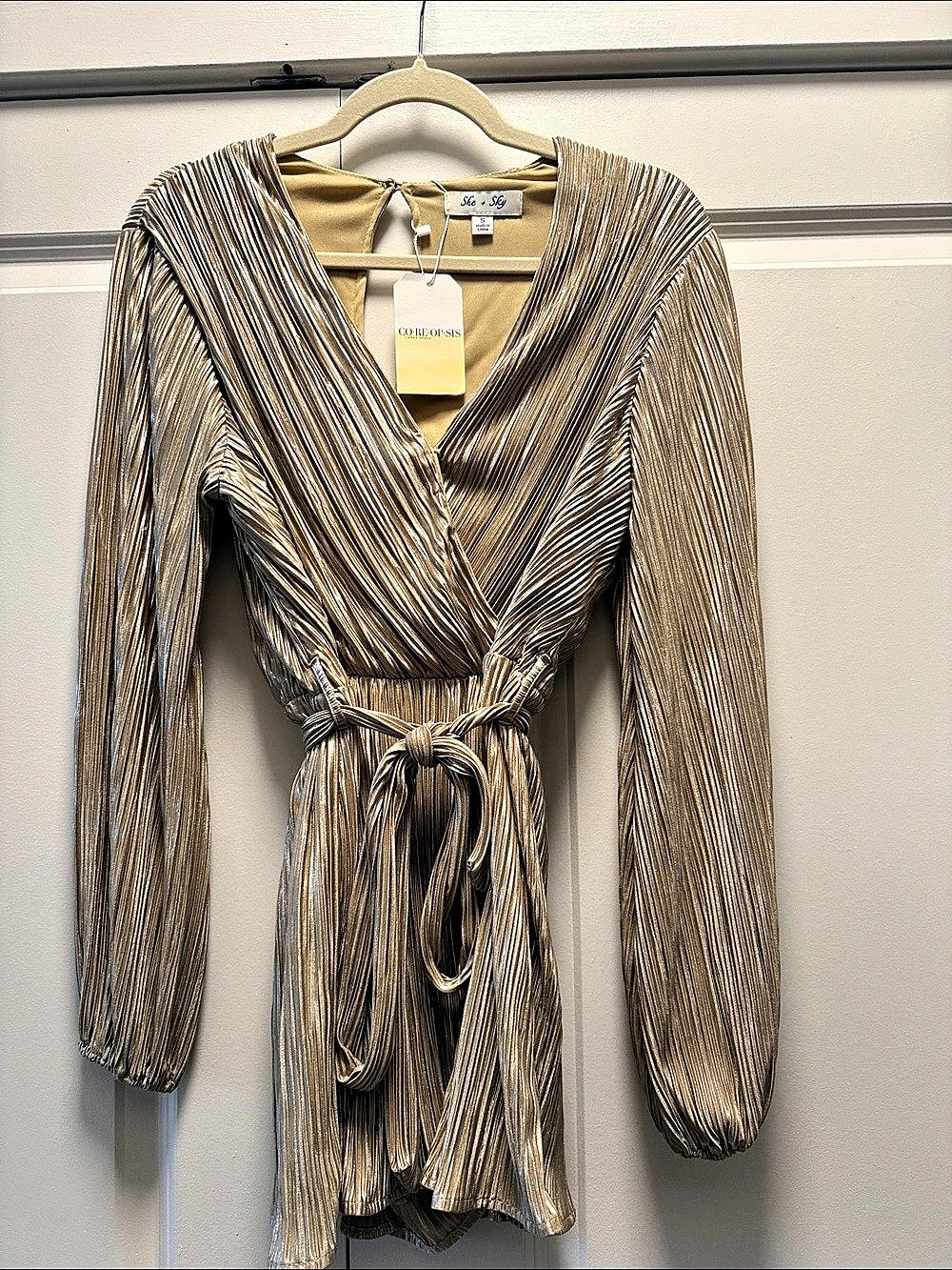 She & Sky Gold Metallic Wrap Mini Romper Size Small NWT